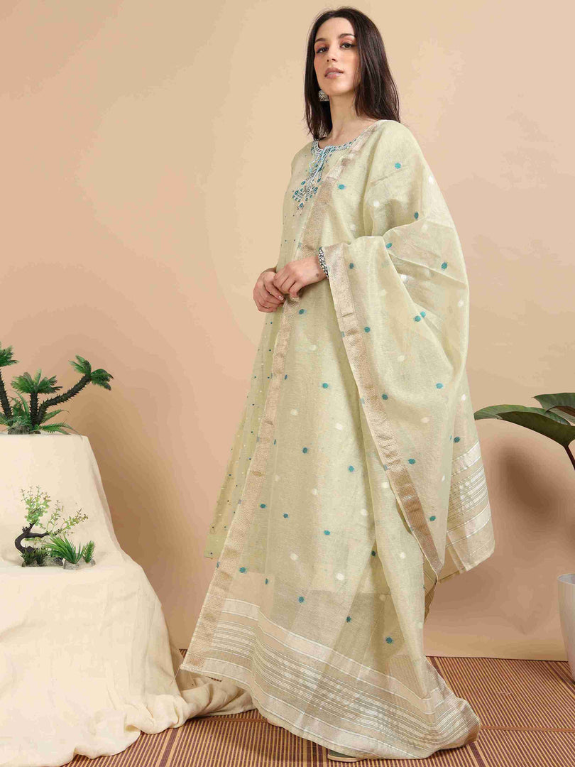 Pastel Green Tissue Silk Handloom Woven A-Line Kurti, Pant and Dupatta Set