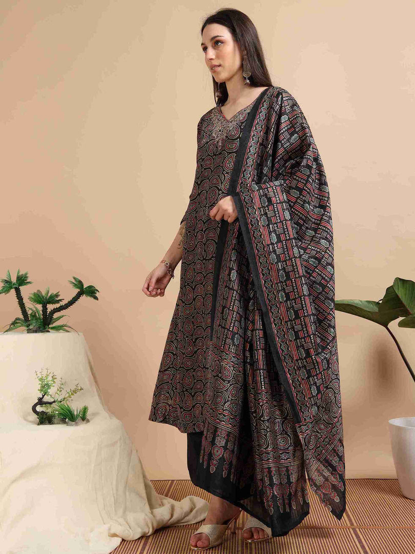 Black Digital Print Naps Silk Embroidered A-Line Kurti, Pants and Dupatta Set