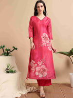 Load image into Gallery viewer, Rose Pink Tissue Shimmer Digital Printed Hand work A-line Kurti, Pant and Printed dupatta Set

