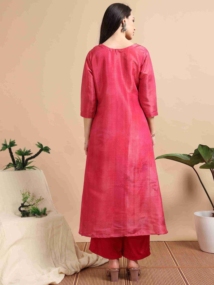 Rose Pink Tissue Shimmer Digital Printed Hand work A-line Kurti, Pant and Printed dupatta Set