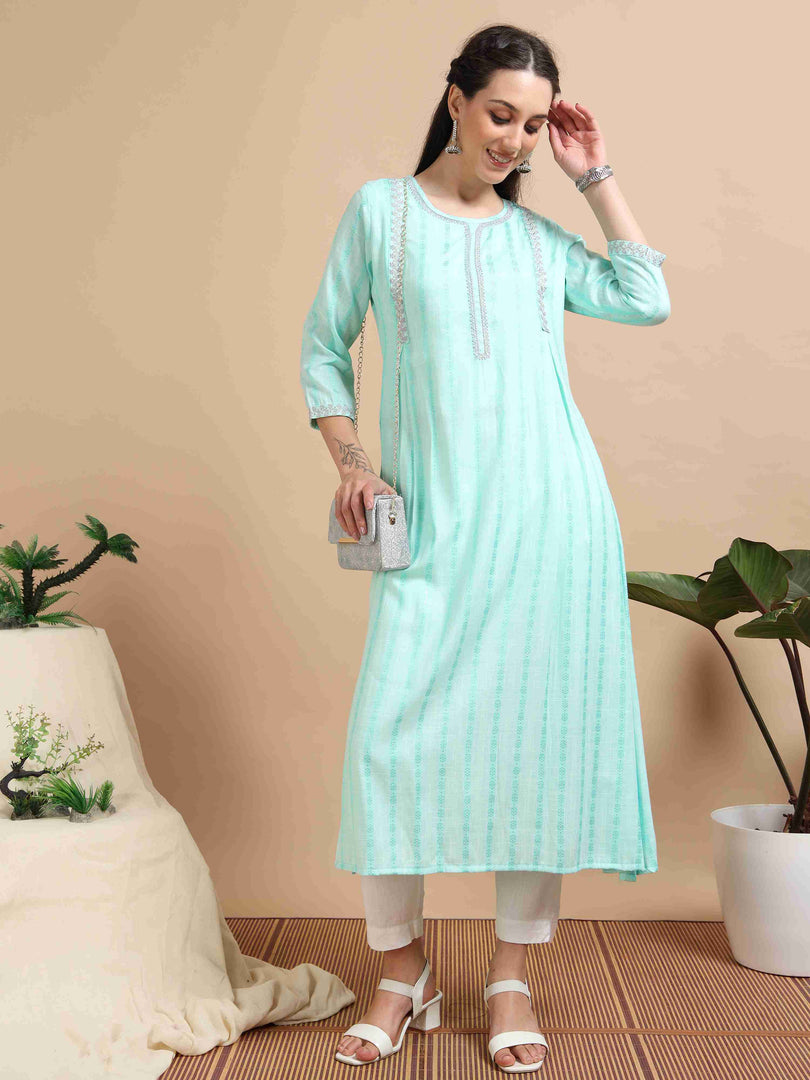 Mint Green Rayon Embroidered A-Line Kurti