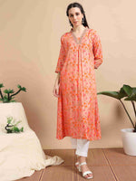 Load image into Gallery viewer, Orange Floral Printed Linen Cotton Flair Kurti
