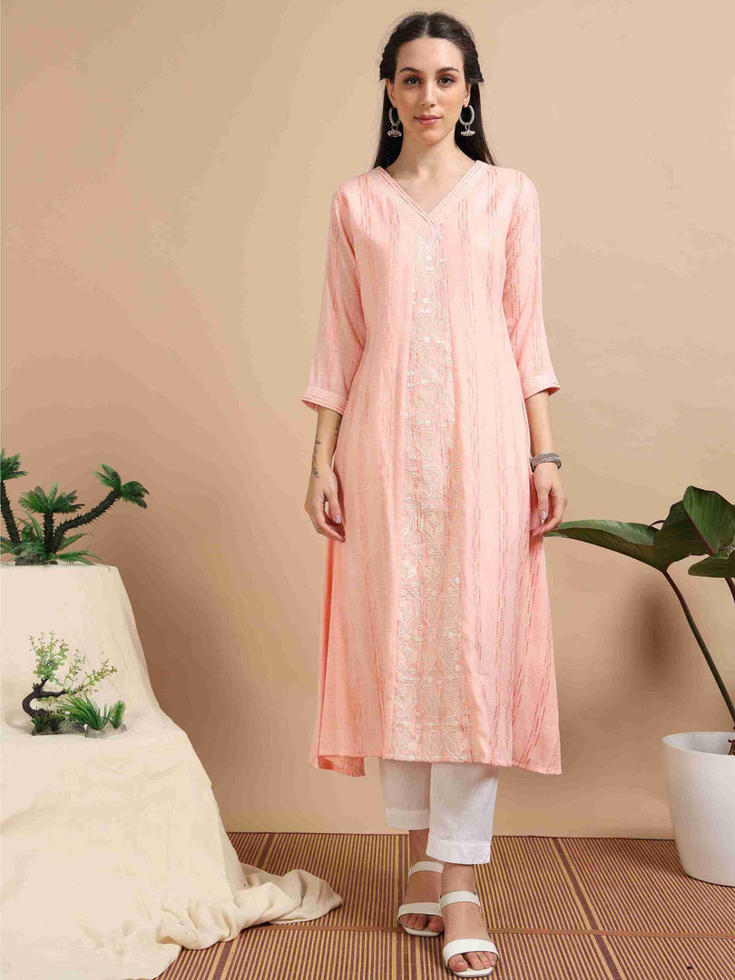 Peach Rayon Embroidered A-Line Kurti
