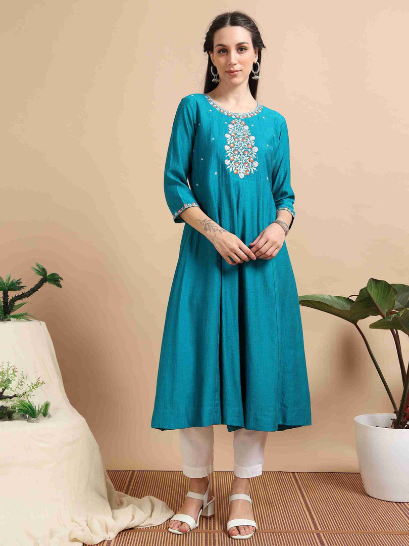 Teal Berlin Embroidered Anarkali Kurti