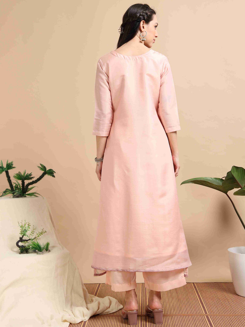 Blush pink Tissue Shimmer Digital Printed Hand work A-line Kurti, Pant and Printed dupatta Set