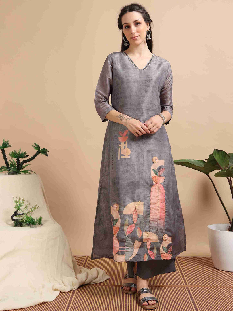 Grey Tissue Shimmer Digital Printed Hand work A-line Kurti, Pant and Printed dupatta Set