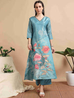 Load image into Gallery viewer, Sky Blue Tissue Shimmer Digital Printed Hand work A-line Kurti, Pant and Printed dupatta Set