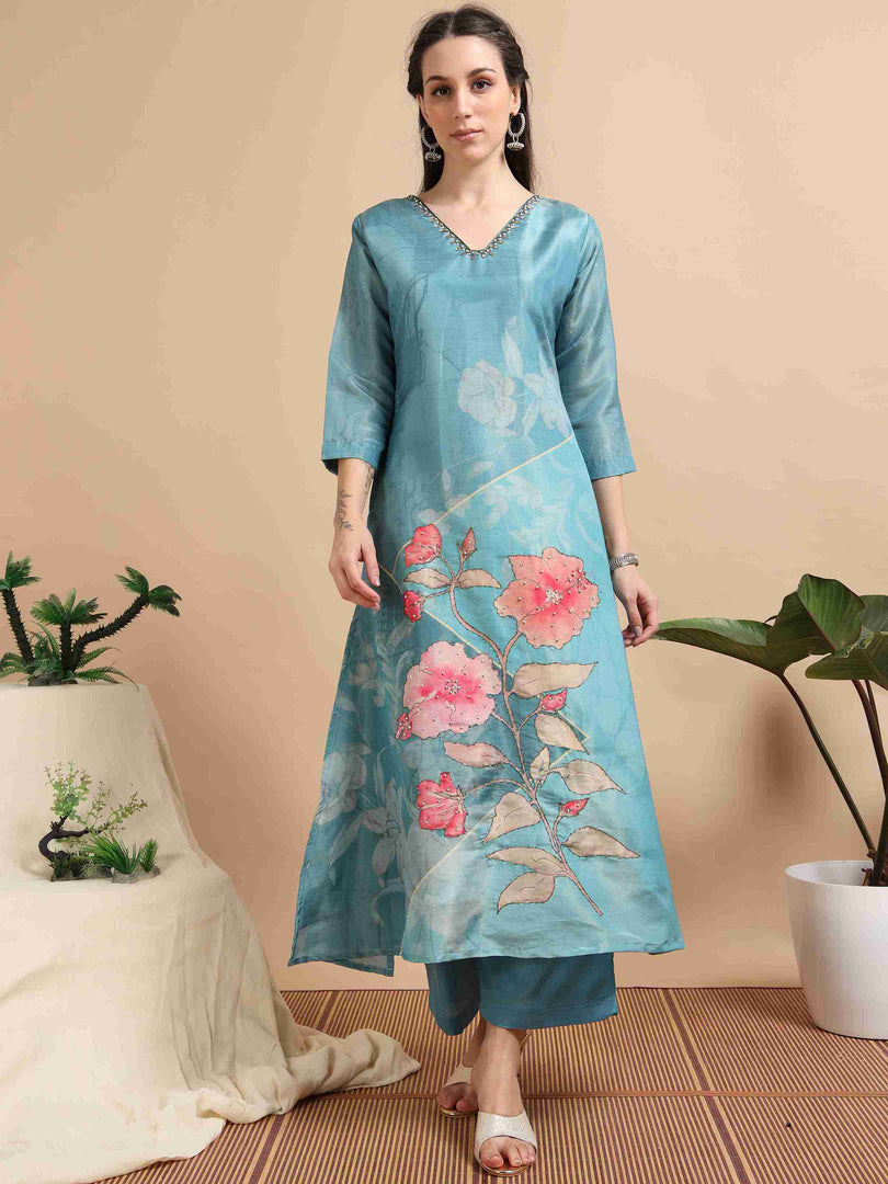Sky Blue Tissue Shimmer Digital Printed Hand work A-line Kurti, Pant and Printed dupatta Set