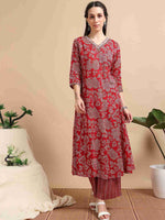 Load image into Gallery viewer, Red Fancy Cotton Floral Printed Anarkali Kurti,Pant and Dupatta Set

