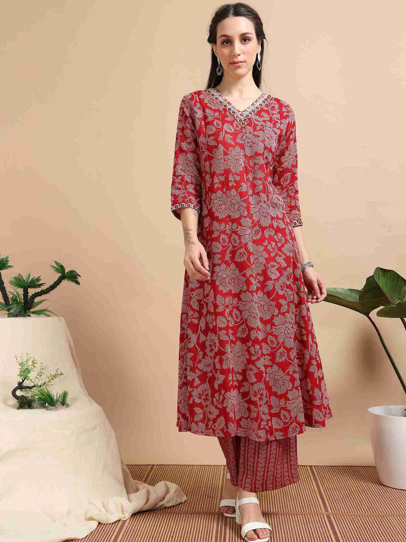 Red Fancy Cotton Floral Printed Anarkali Kurti,Pant and Dupatta Set