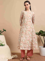 Load image into Gallery viewer, Beige lychee Silk Floral Printed Flair Kurti, Pant and Printed Dupatta
