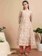 Beige lychee Silk Floral Printed Flair Kurti, Pant and Printed Dupatta