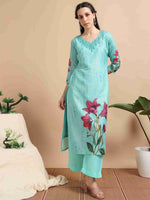 Load image into Gallery viewer, light turquoise Digital Printed Hand work Embroidered A-Line Kurti, Pant and Dupatta Set
