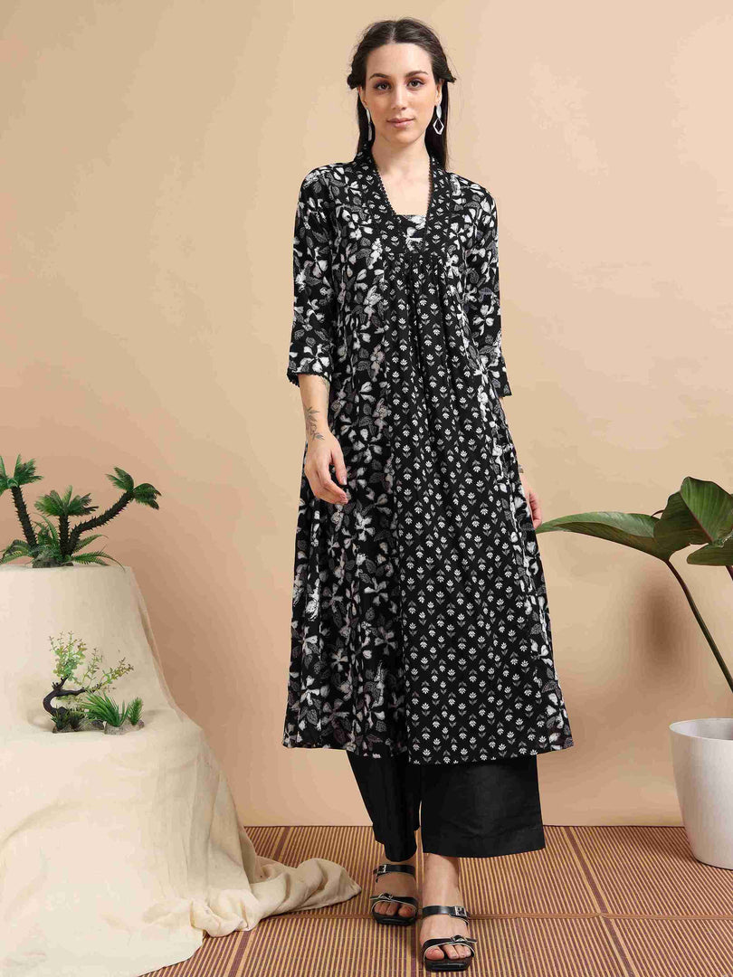 Black & White Block Print Cotton Anarkali Kurta, Solid Pants & Printed Dupatta Set