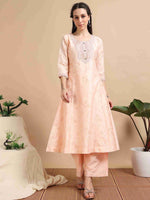 Load image into Gallery viewer, Peach  Lychee Silk Floral Printed Anarkali Kurti, Pant and Designer Dupatta
