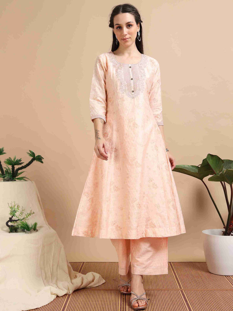 Peach  Lychee Silk Floral Printed Anarkali Kurti, Pant and Designer Dupatta