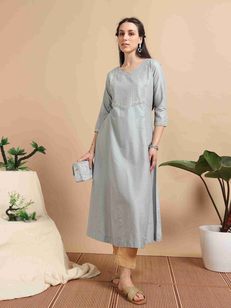 Grey Solid Cherry Silk with Embroidery Flair Kurti
