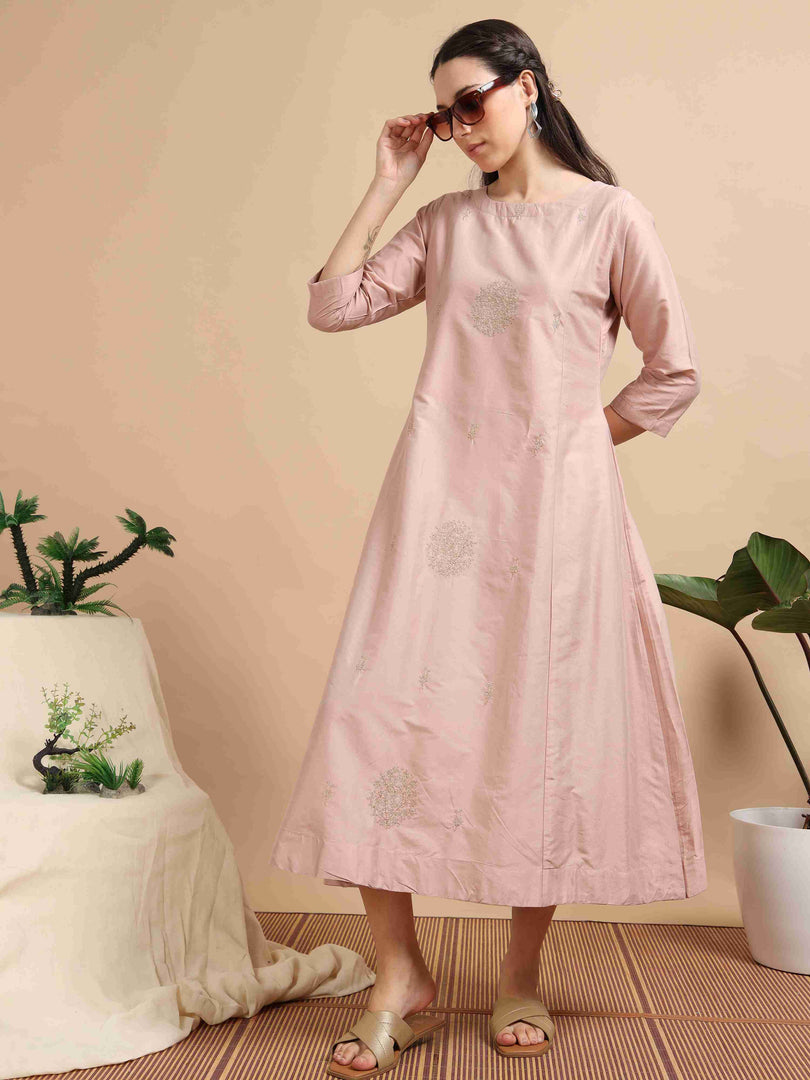 Blush Pink Cherry Silk Solid Embroidered A-Line Kurti