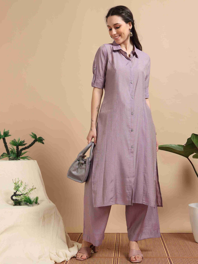 Lavender Button-Down Vetican Kurta And Wide-Leg Pant Co-ord Set