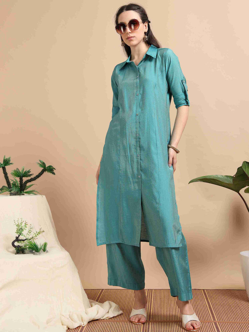 Teal Button-Down Vetican Kurta And Wide-Leg Pant Co-ord Set
