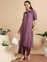 Load image into Gallery viewer, Purple Button-Down Vetican Kurta And Wide-Leg Pant Co-ord Set
