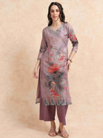 Load image into Gallery viewer, Lavender Digital Printed Hand work Embroidered A-Line Kurti, Pant and Dupatta Set
