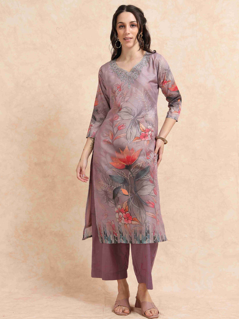 Lavender Digital Printed Hand work Embroidered A-Line Kurti, Pant and Dupatta Set
