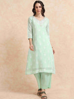 Load image into Gallery viewer, Mint Green Chanderi Handloom woven A-Line Kurti, Pant and Dupatta Set