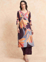 Load image into Gallery viewer, Wine Digital Printed Hand work Embroidered A-Line Kurti, Pant and Dupatta Set
