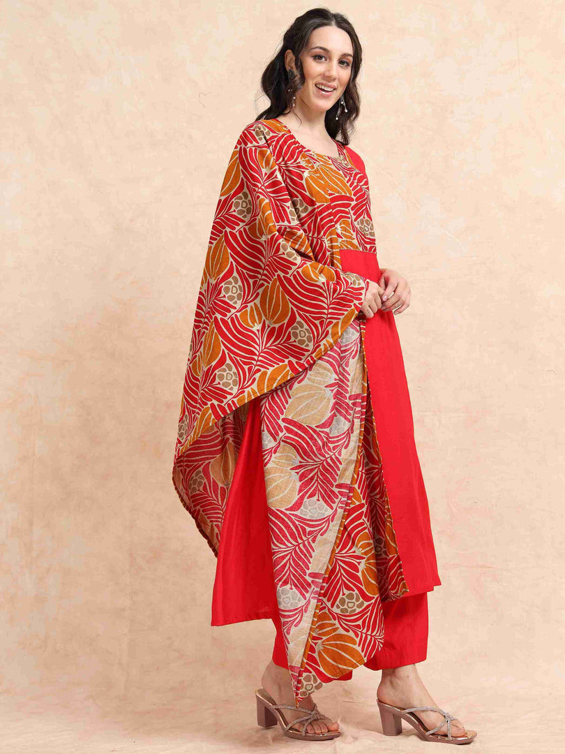 Red Vetican Silk Solid Hand work A-line Kurti, Pant and Dupatta Set