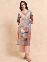 Load image into Gallery viewer, Grey Digital Printed Hand work Embroidered A-Line Kurti, Pant and Dupatta Set
