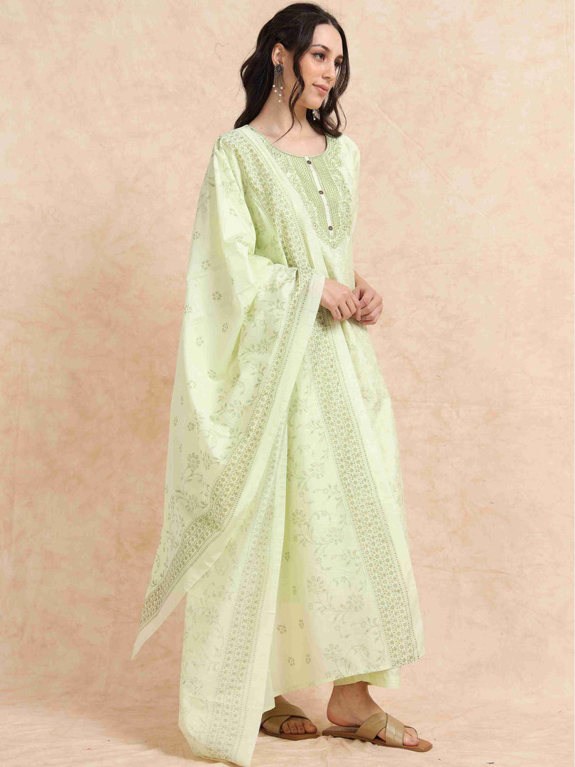 Pista Green Lychee Silk Floral Printed Anarkali Kurti, Pant and Designer Dupatta