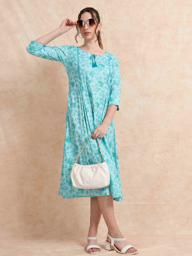 Blue Slub Cotton Floral Printed A-Line Kurti