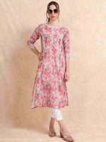 Load image into Gallery viewer, Pink Floral Digital Print with Lace work A-line Kurti
