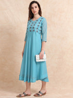 Load image into Gallery viewer, Light Blue Poly Shimmer Embroidered  Solid Flared Kurti
