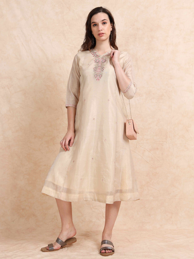 Cream Tissue Silk Fancy Embroidered Anarkali Kurti