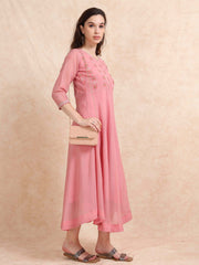 Pink Poly Shimmer Embroidered Solid Flared Kurti