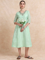 Load image into Gallery viewer, Pista Green Tissue Silk Fancy Embroidered Anarkali Kurti
