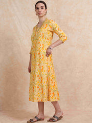 Pastel Yellow Floral Printed Linen Cotton Flair Kurti