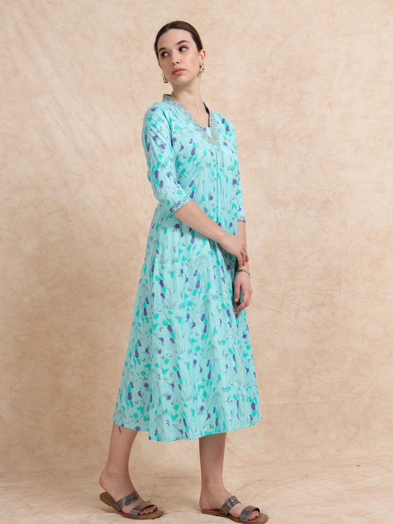 Light Teal Floral Linen Cotton Printed Flair Kurti