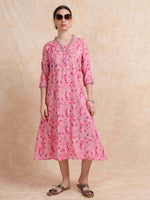 Load image into Gallery viewer, Pink Floral Printed Linen Cotton Flair Kurti
