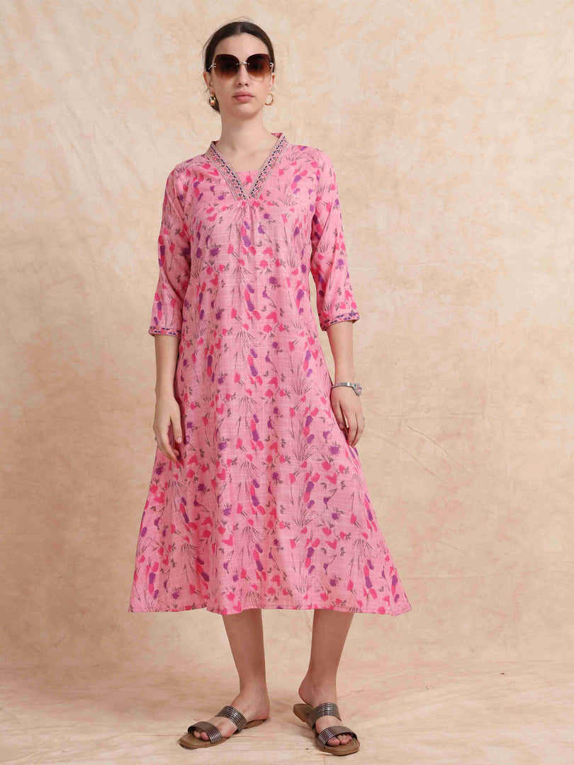 Pink Floral Printed Linen Cotton Flair Kurti