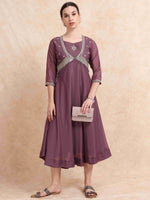 Load image into Gallery viewer, Plum Purple Poly Shimmer Embroidered Solid  Flared Kurti
