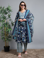 Load image into Gallery viewer, Navy BlueSummer Bloom Cotton Kurti Set