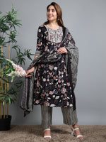Load image into Gallery viewer, Black Summer Bloom Cotton Kurti Set