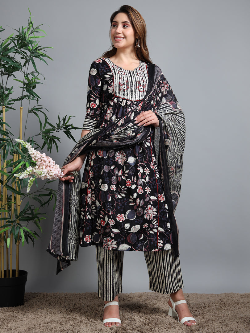 Black Summer Bloom Cotton Kurti Set