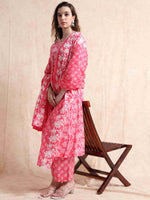 Load image into Gallery viewer, Pink Fancy Cotton Floral Printed Anarkali Kurti,Pant and Dupatta Set
