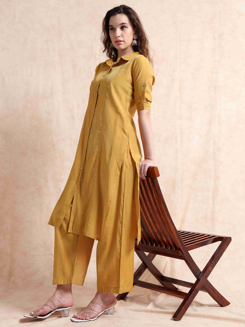 Mustard Button-Down Vetican Kurta And Wide-Leg Pant Co-ord Set