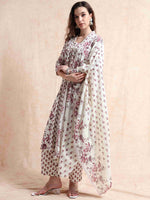 Load image into Gallery viewer, Ivory &amp; Maroon Floral Block Print Cotton Anarkali Kurta, Solid Pants &amp; Printed Dupatta Set
