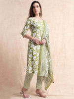 Load image into Gallery viewer, Sage Green Cotton Printed Straight Kurti, pant and Printed Dupatta
